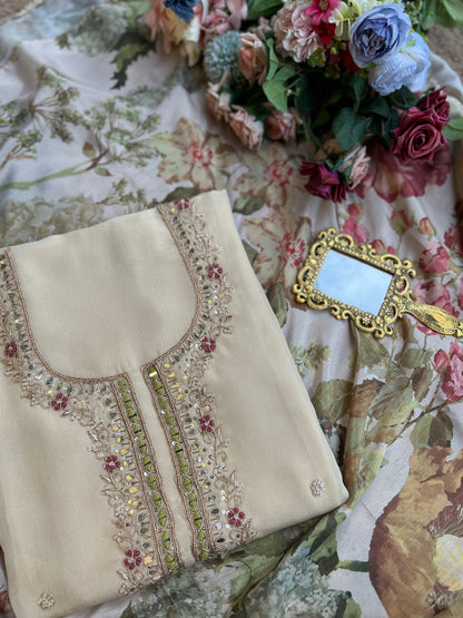 Ivory Chinnon Suit with Hand Embellished Neckline & Floral Chinnon Dupatta