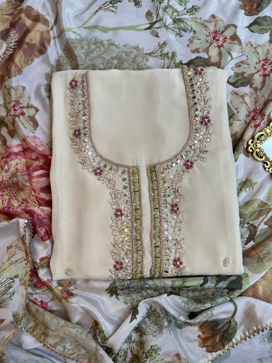 Ivory Chinnon Suit with Hand Embellished Neckline & Floral Chinnon Dupatta