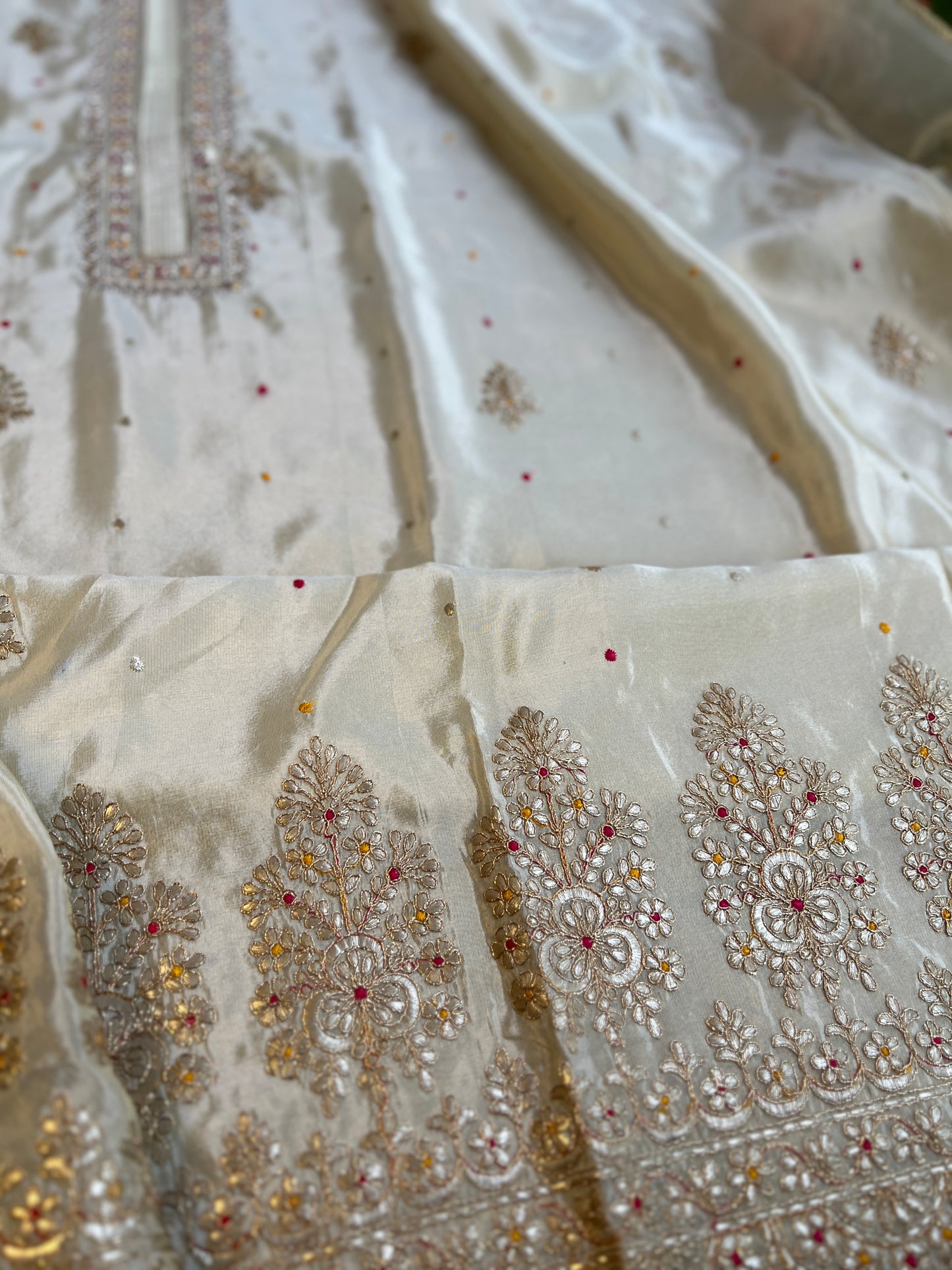 Ivory Shimmer Silk Suit with Hand Embroidery & Contrasting Dola Banarasi Dupatta