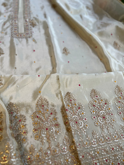 Ivory Shimmer Silk Suit with Hand Embroidery & Contrasting Dola Banarasi Dupatta