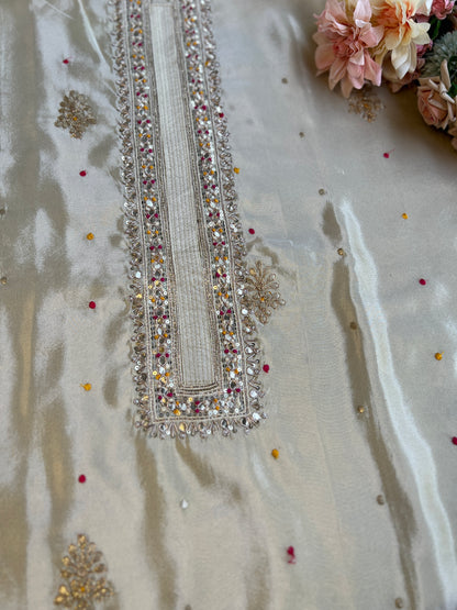 Ivory Shimmer Silk Suit with Hand Embroidery & Contrasting Dola Banarasi Dupatta