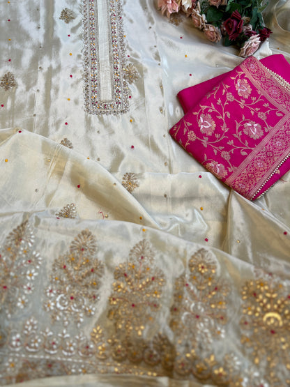 Ivory Shimmer Silk Suit with Hand Embroidery & Contrasting Dola Banarasi Dupatta