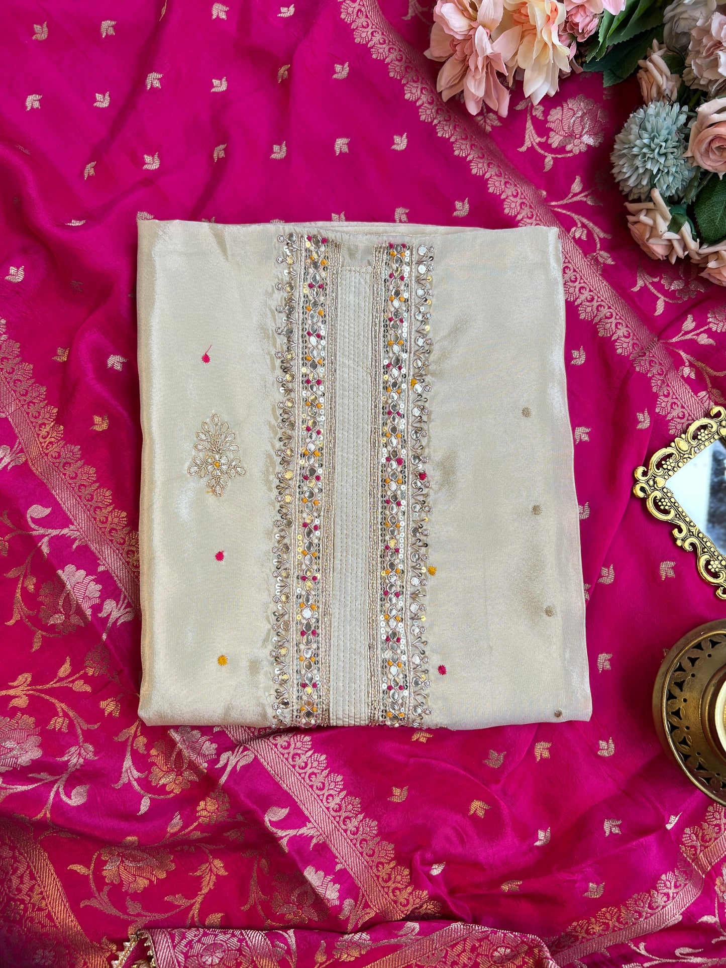 Ivory Shimmer Silk Suit with Hand Embroidery & Contrasting Dola Banarasi Dupatta