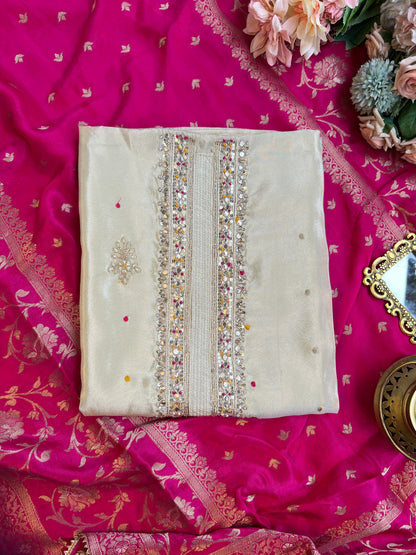 Ivory Shimmer Silk Suit with Hand Embroidery & Contrasting Dola Banarasi Dupatta