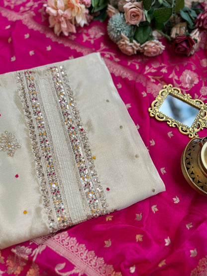 Ivory Shimmer Silk Suit with Hand Embroidery & Contrasting Dola Banarasi Dupatta