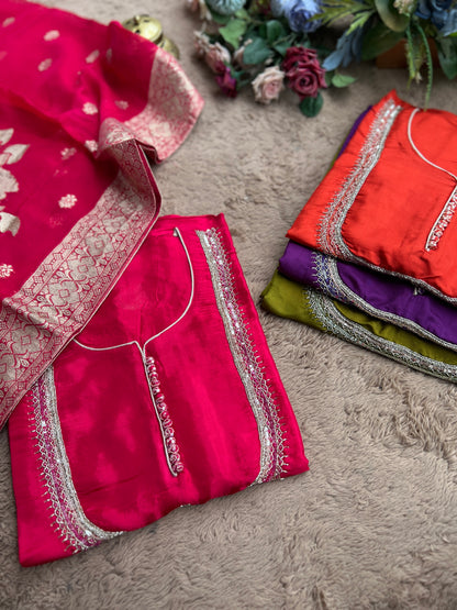 U Neck Russian Silk Suit with Hand Embellished Neckline & Tisse Banarasi Dupatta