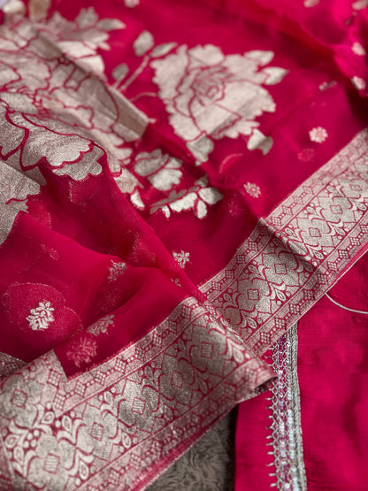 U Neck Russian Silk Suit with Hand Embellished Neckline & Tisse Banarasi Dupatta