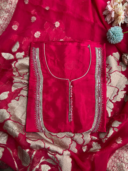 U Neck Russian Silk Suit with Hand Embellished Neckline & Tisse Banarasi Dupatta