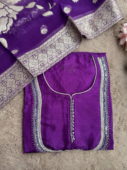 U Neck Russian Silk Suit with Hand Embellished Neckline & Tisse Banarasi Dupatta