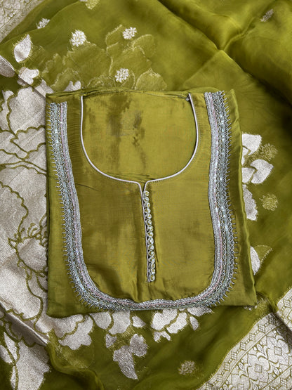U Neck Russian Silk Suit with Hand Embellished Neckline & Tisse Banarasi Dupatta