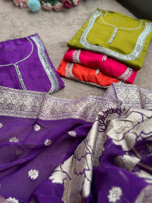 U Neck Russian Silk Suit with Hand Embellished Neckline & Tisse Banarasi Dupatta