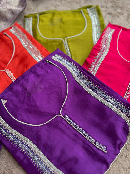 U Neck Russian Silk Suit with Hand Embellished Neckline & Tisse Banarasi Dupatta
