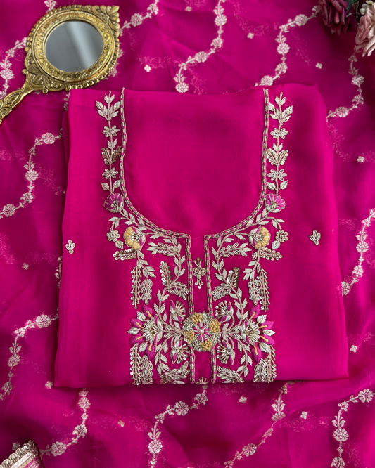 Fuchsia Russian Crepe Suit with Intricate Hand Embroidery & Georgette Banarasi Dupatta