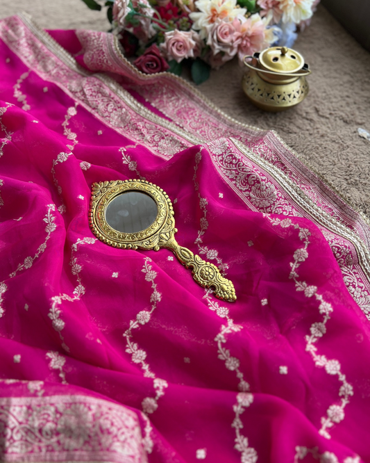 Fuchsia Russian Crepe Suit with Intricate Hand Embroidery & Georgette Banarasi Dupatta