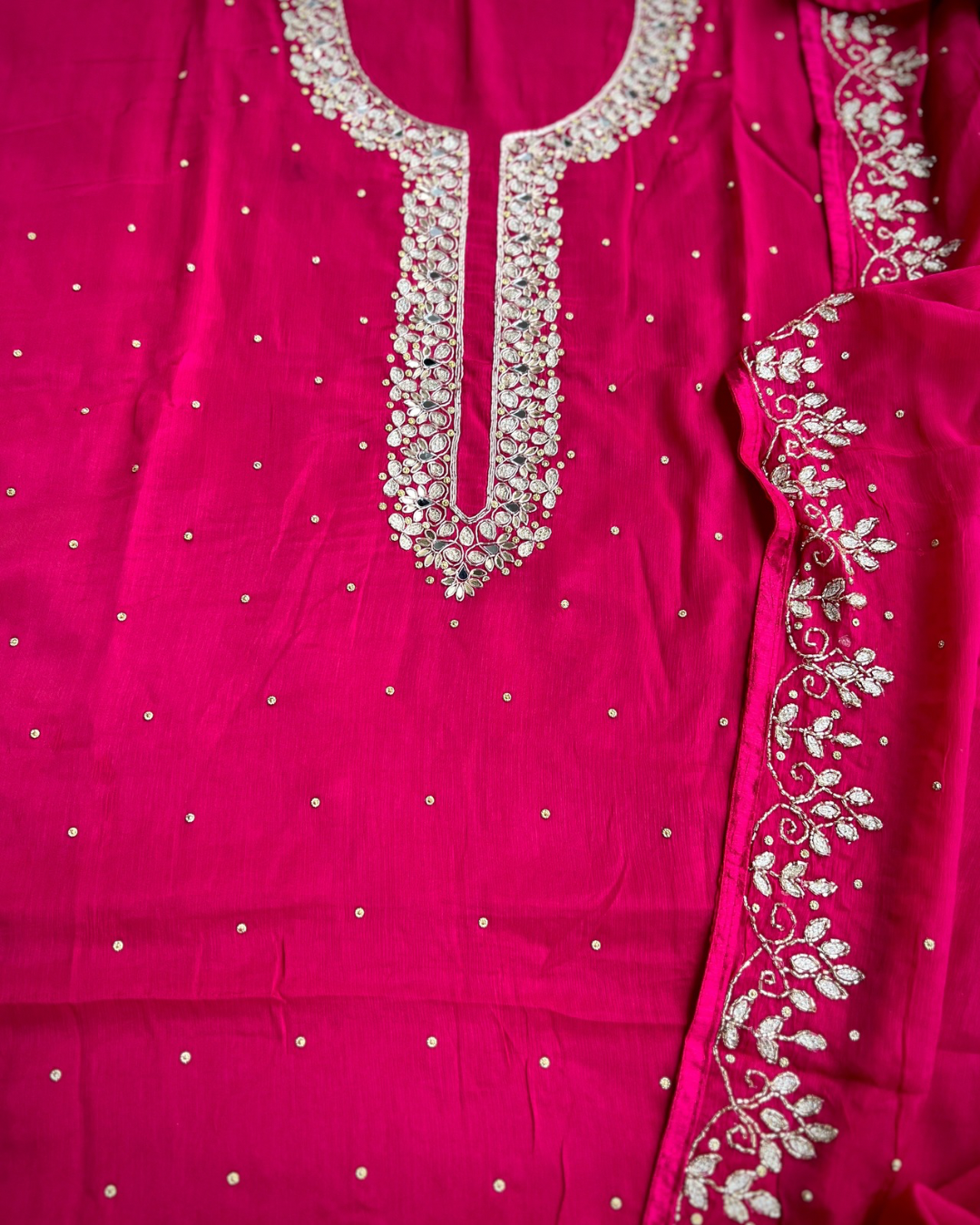 Luxury Rani Pink Pure Chinnon Suit Set with Kalkatta Handwork Dupatta