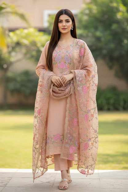 Pastel Peach Embroidered Organza Suit