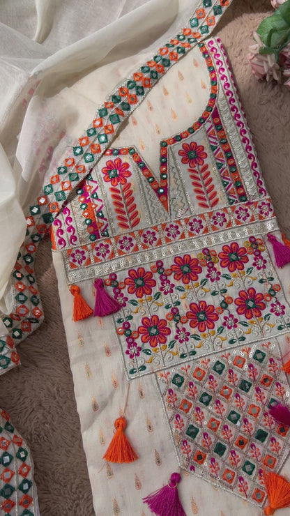 Mirror & Thread Embroidered  Cotton suit set