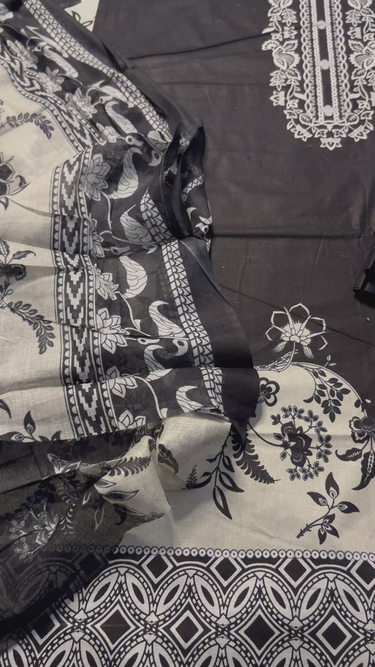 Monochrome Karachi Print Cotton Suit – Timeless Elegance)