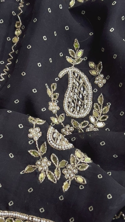 Black Georgette Organza with Mirror & Pearl Detailing