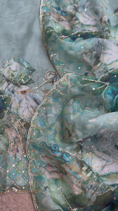 Artistic Glacé Organza Suit with Beaded Embroidery & Cutwork Border