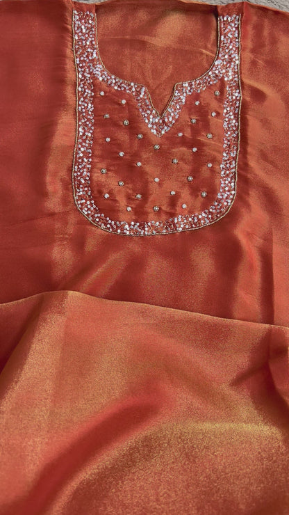 Shimmer Crepe Suit with Handcrafted Neck & Elegant Tissue Dupatta”